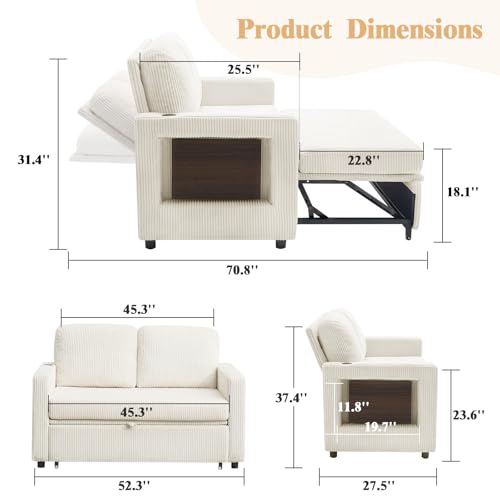 3-in-1 Convertible Chenille Loveseat Sleeper Sofa with Foldable Side Table