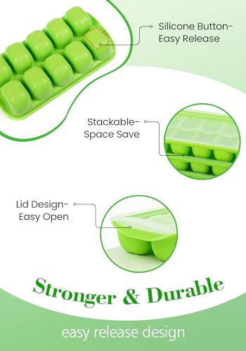 Stackable Silicone Ice Cube Trays with Lid and Bin (4 Pack) with Scoop