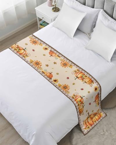 Fall Pumpkin Bed Runner Scarf for King Bed, Satin Bedding Throw (102x20 In)
