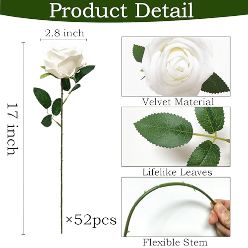 50 Pcs White Artificial Roses Bouquet - Velvet Fake Flowers for DIY Decor