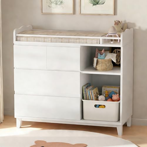 Convertible Baby Changing Table with 4 Drawers and Storage Shelves