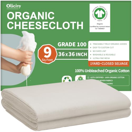 Organic Cheese Cloth - GOTS Certified, 36x36 Inch, Reusable Muslin for Straining & Crafts