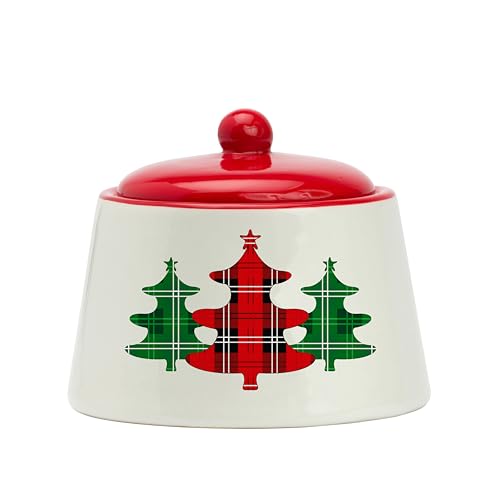 Christmas Ceramic Sugar Bowl with Lid - 8oz Festive Plaid Xmas Tree Design