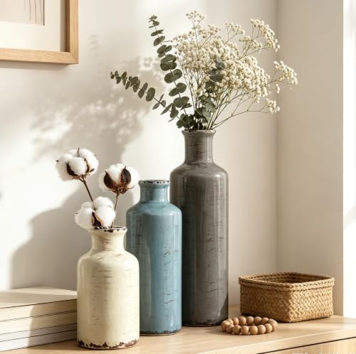 Ceramic Vases Set of 3 - Rustic Distressed Coastal Decor for Shelves & Tables