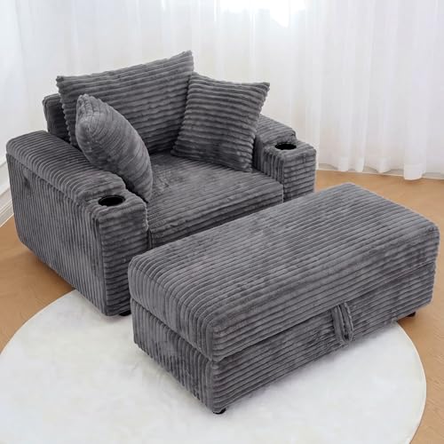 54-Inch Oversized Corduroy Chaise Lounge with Storage Ottoman and USB Port