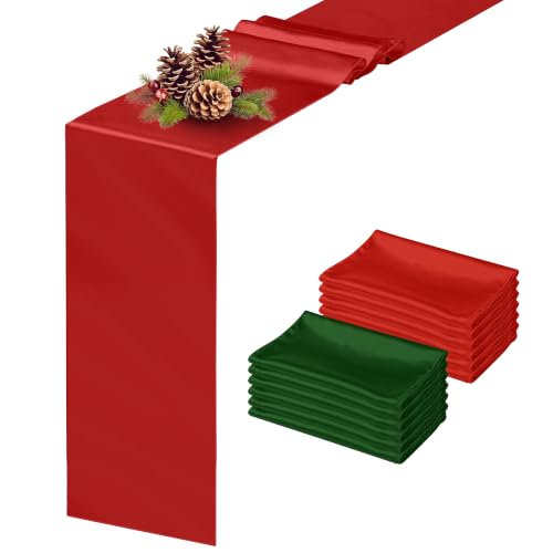 COSINIA 12 Pack Red & Dark Green Satin Table Runners 12 x 108 Inch - Seamless Design