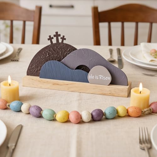 Easter Resurrection Scene Decor Set with Wooden Base - Religious Tombstone Display