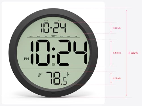 8-Inch Digital Wall Clock with Temperature, Date Display and Auto-DST