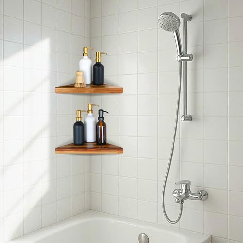 Wooden Corner Shower Shelf Set - Adhesive No-Drill Bathroom Storage