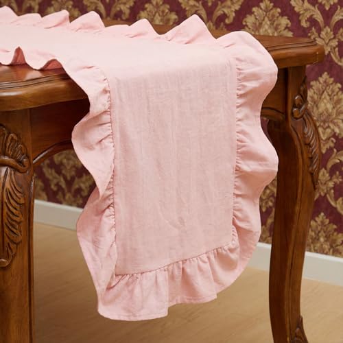 14 x 72 Pink Ruffled Table Runner – 100% Cotton, Scalloped Edge, Washable