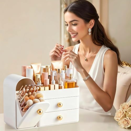 HBlife All White Large Makeup Organizer with Drawers & Brush Holder - Vanity Storage