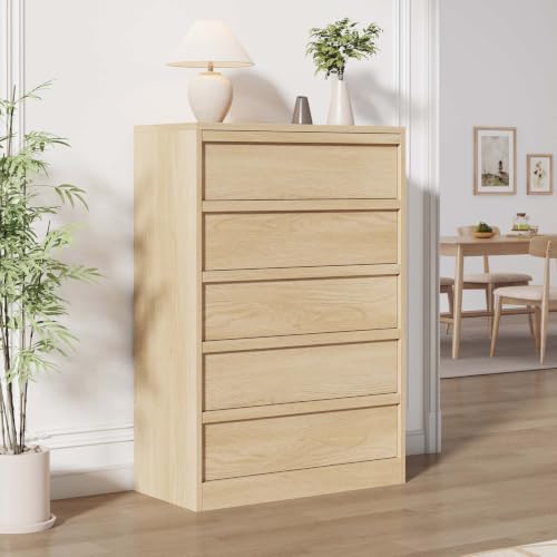 5-Drawer Wooden Dresser, Tall Bedroom Chest with Ample Storage, Natural Oak