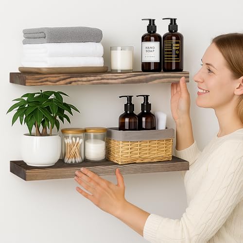 24-inch Solid Wood Floating Shelves - Set of 2 Rustic Wall Mount Shelves