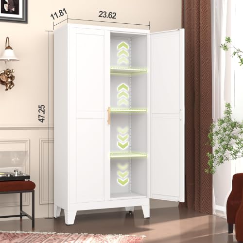 White Metal Kitchen Pantry Cabinet with 2 Doors & Adjustable Shelves
