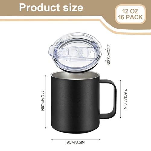 16 Pack Stainless Steel Insulated Coffee Mugs with Handles - 12oz Double Wall Vacuum Tumblers, Black