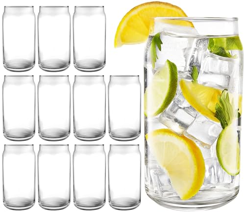 16 oz Can Shaped Glass Cups, Set of 12 Clear Beer Can Glasses for Drinks