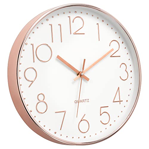 12-Inch Modern Silent Wall Clock, Rose Gold Non-Ticking Quartz Clock
