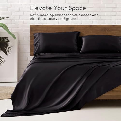 MR&HM Silky Satin Queen Sheet Set - 4 Piece Deep Pocket Bedding, Black
