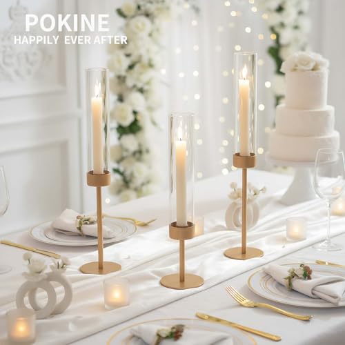 POKINE Gold Candle Holders Set of 6 for Taper Candles – 18.9/16.5/14.9 in Varied Heights (Variation 6)
