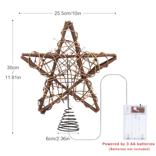 Natural Rattan Christmas Tree Topper Star with 10 Warm LED Lights, 10 Inch