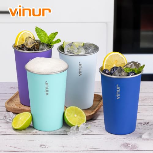 16 oz Stainless Steel Pint Cups - Set of 4 Colorful Stackable Metal Glasses