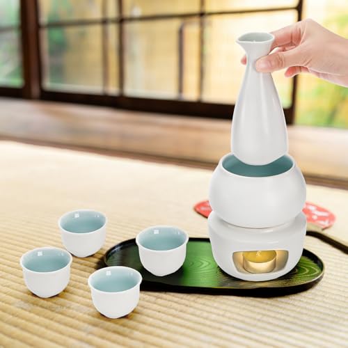 Foraineam Ceramic Sake Set with Warmer and Cups - Japanese Style Hot Drink Barware