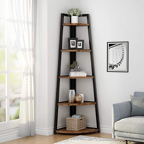 5-Tier Tall Corner Bookshelf, Industrial Rustic Corner Storage Shelf