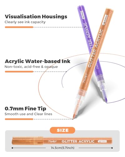JusArt 16 Colors Glitter Paint Pens for Glass & Art, Fine Tip 0.7mm, Non-Toxic