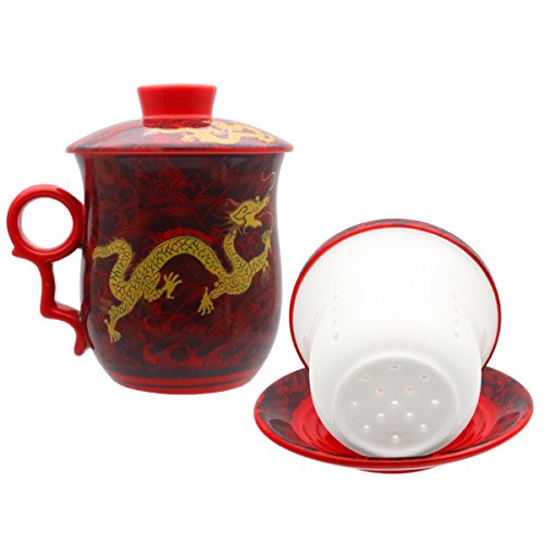 Tea Talent Dragon Red Waves Porcelain Tea Cup Set with Infuser & Saucer – Jingdezhen Chinese Teaware for Loose Leaf Brewing, 350ml