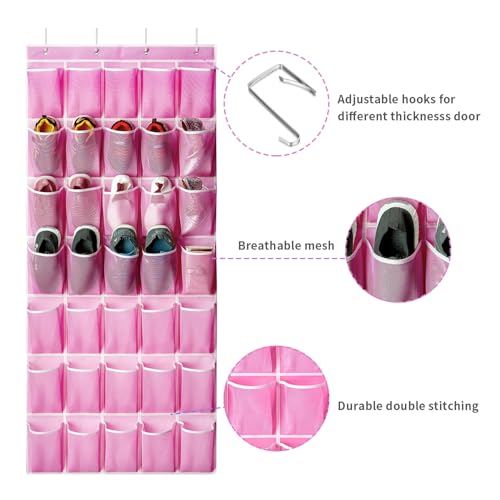 35-Pocket Over the Door Shoe Organizer with Mesh Pockets & Hooks, Pink