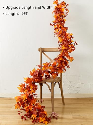 MISSPIN Eucalyptus Maple Leaf Garland - 9ft Fall Leaves Decor for Thanksgiving & Christmas