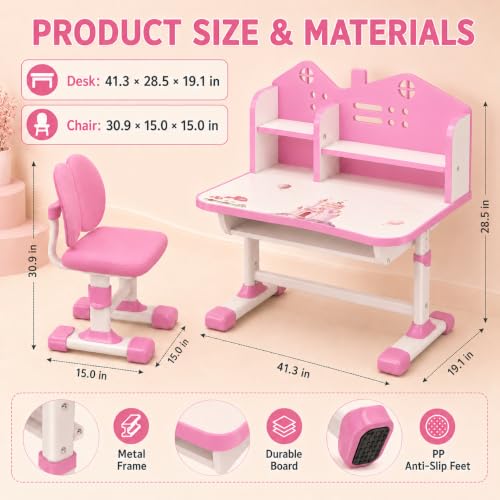 Adjustable Kids Study Desk and Chair Set with Storage Drawer and Bookstand