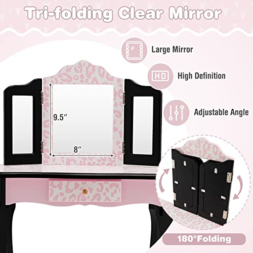 Kids Vanity Set with Tri-Folding Mirror and Stool, Pink Leopard Print