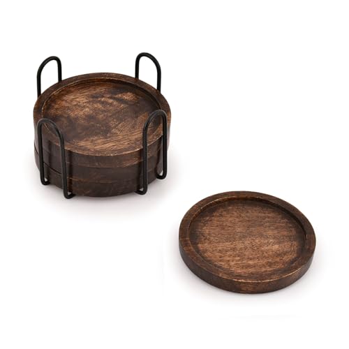 Mango Wood Drink Coasters Set with Iron Holder - 4 Pieces, Tabletop Protection