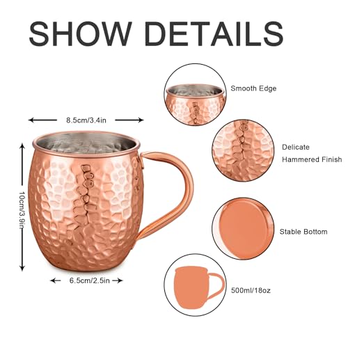 Moscow Mule Copper Mugs Set of 4, 17oz Stainless Steel Lined Cups