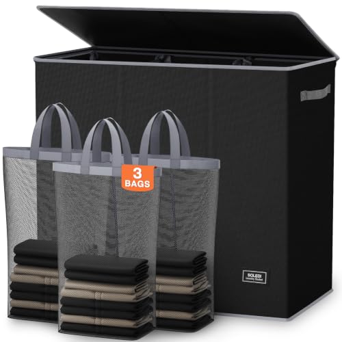3-Section Laundry Hamper with Removable Bags & Lid, 180L Large Sorter