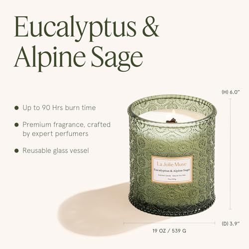 Eucalyptus Sage Scented Soy Wax Candle - 19 oz Large Jar with Wood Wick