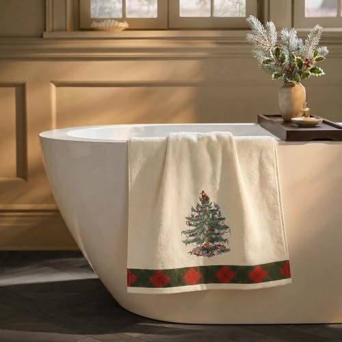Spode Christmas Bath Towel - Festive Holiday Cotton Towel, Soft & Absorbent, 27x50 inches, Tartan Border