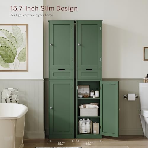 Tall Narrow Bathroom Storage Cabinet with 2 Doors and 1 Drawer, Forest Green