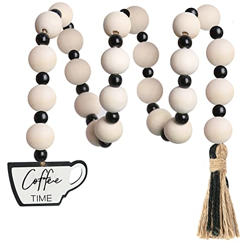 Rustic Coffee Bar Wood Bead Garland with Tassels, 31-Inch Farmhouse Decor