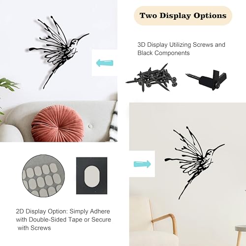 3D Metal Hummingbird Wall Art - Weatherproof Black Outdoor Garden Decor
