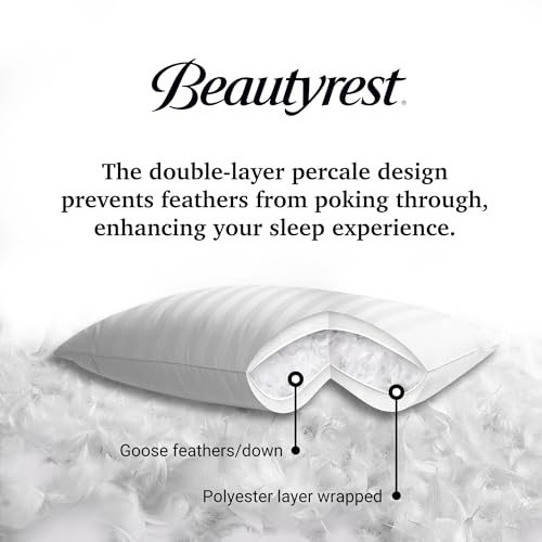 Beautyrest Luxury Goose Feathers Down Pillows Queen Size Set of 2, Hotel Collection Fluffy Bed Pillows, Medium Firm Hypoallergenic Pillow, 500 Thread US Grown Cotton Cover (20x28, Pack of 2)