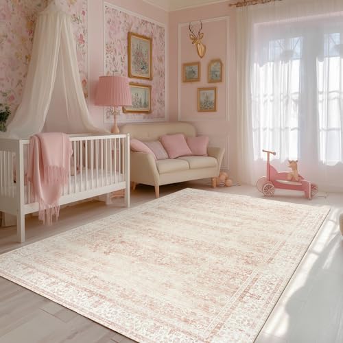 Vintage Floral Pink Nursery Rug - 5x7 Washable Boho Distressed Area Rug