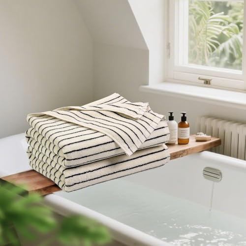 Black and Ivory Striped Bath Towels, Quick Dry Cotton Set of 2, 27.5x55