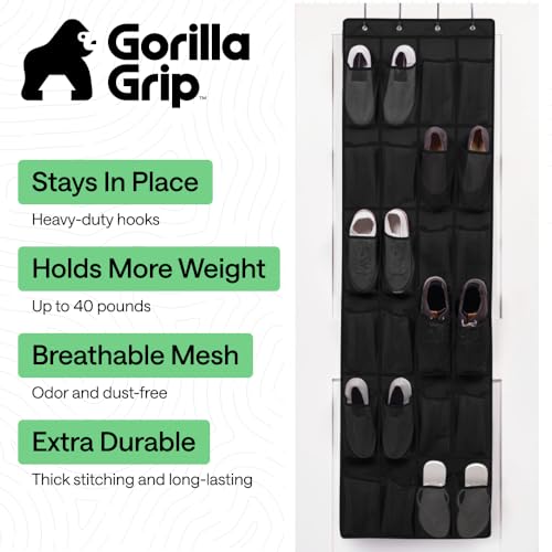 Gorilla Grip Over the Door Shoe Organizer, 24 Mesh Pockets, Black
