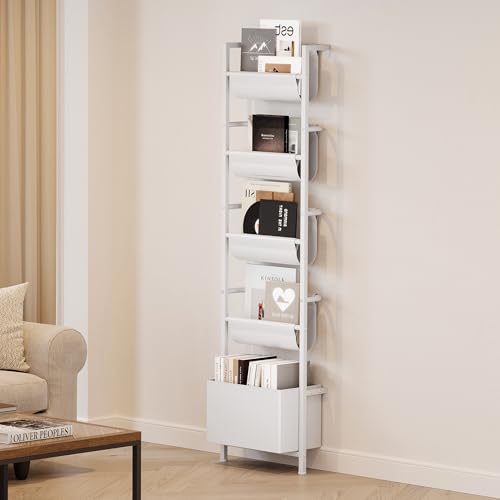 5-Tier Wall Mounted Kids Bookshelf with Storage Bin, Slim Ladder Shelf