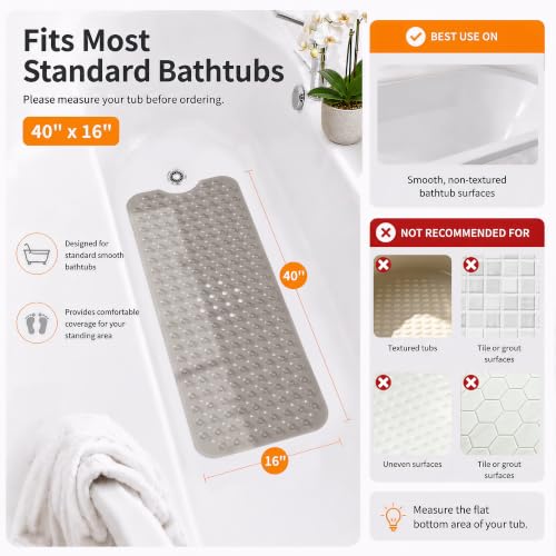 Extra Long Non-Slip Bathtub Mat 40 x 16 Inch with Suction Cups and Drain Holes