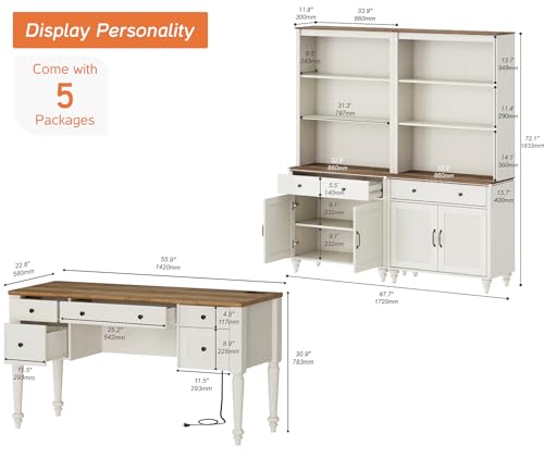 Farmhouse Executive Desk and Tall Bookcase Set with Charging Station