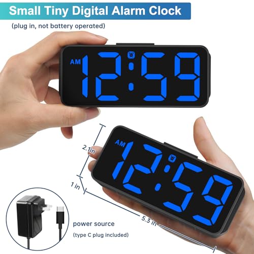 Compact Digital Alarm Clock - Plug-In LED Bedroom Clock with Battery Backup