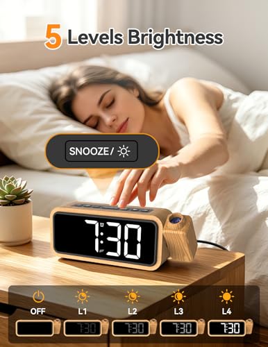Wooden Projection Alarm Clock with Rotatable Projector for Ceiling